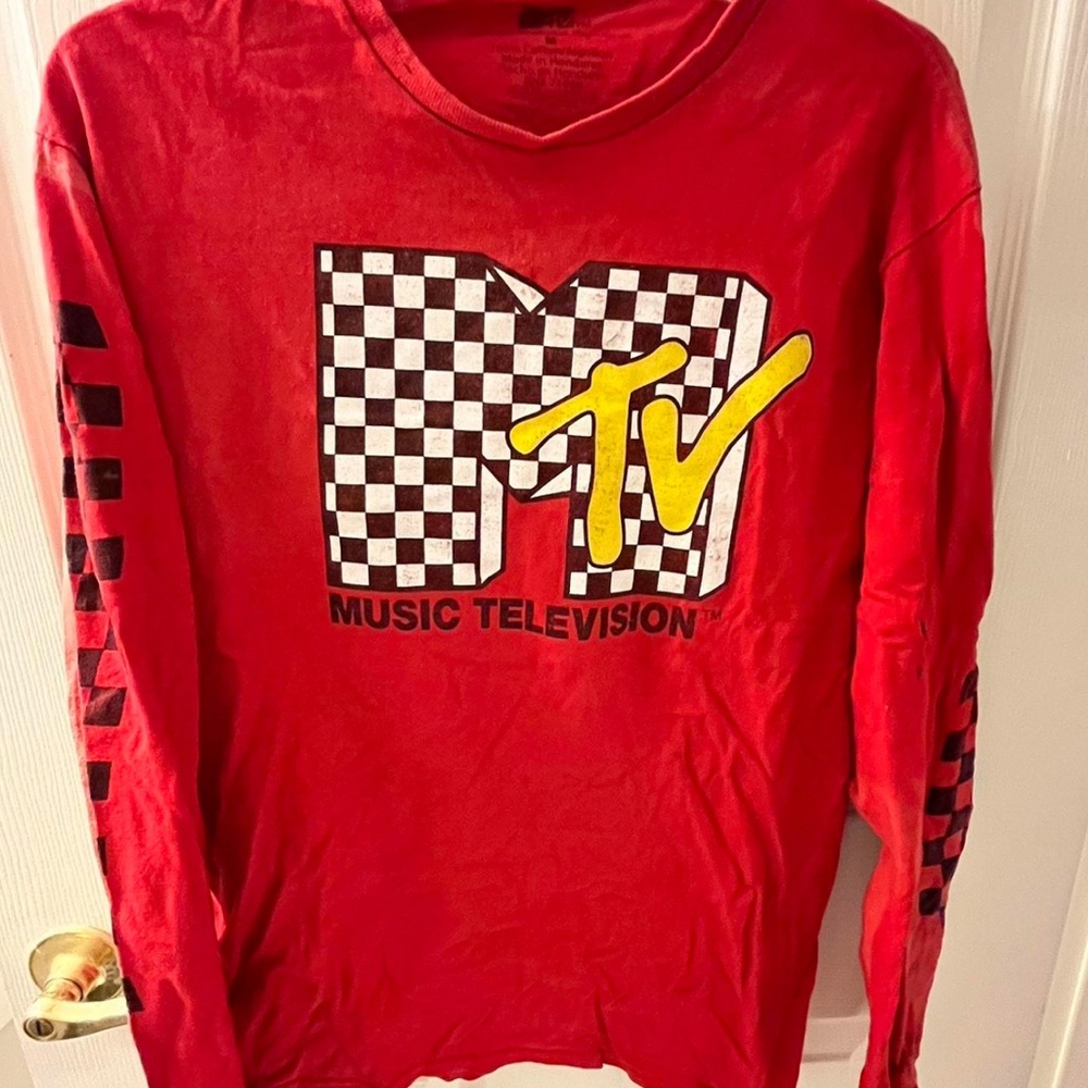 Red MTV Long Sleeve Distressed Shirt